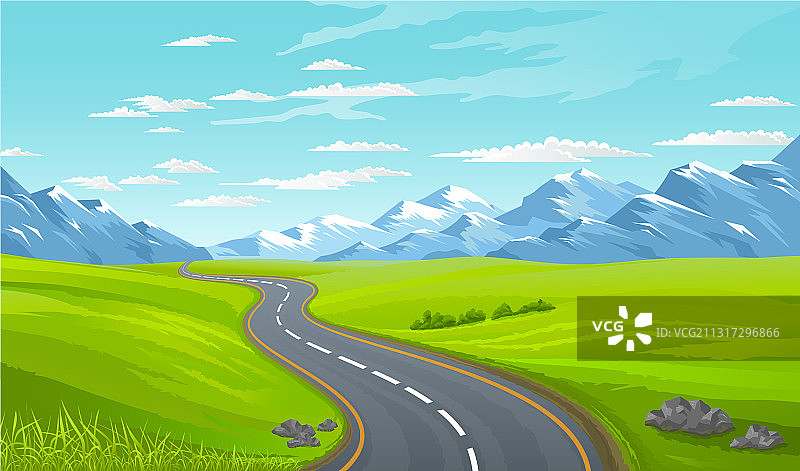 绿地草甸上的沥青路与群山图片素材