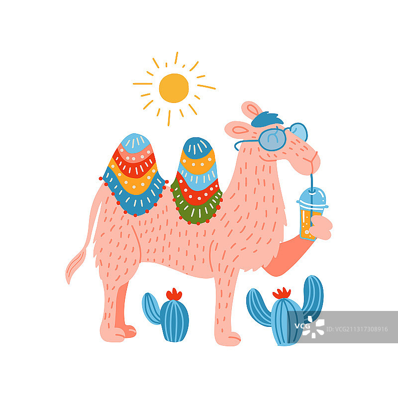 戴眼镜、拿塑料杯的可爱粉色骆驼图片素材