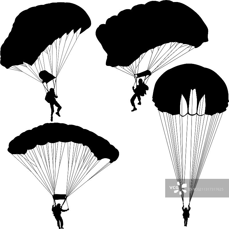 白色背景上的跳伞者轮廓合集图片素材