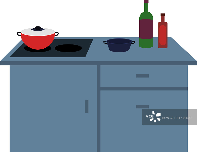 带抽屉、罐子和瓶子的厨房炉灶图片素材