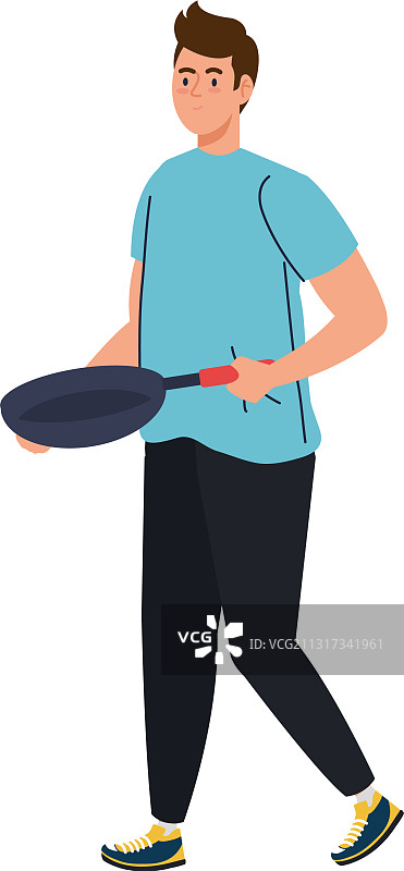 男人在白色背景下用煎锅烹饪图片素材