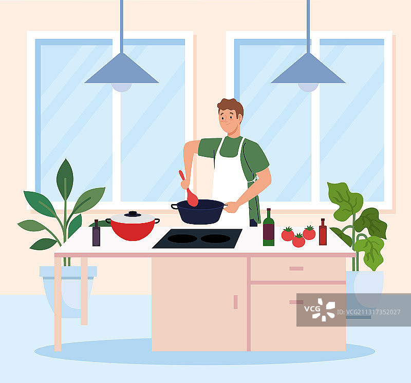 男子在厨房场景中系着围裙做饭图片素材