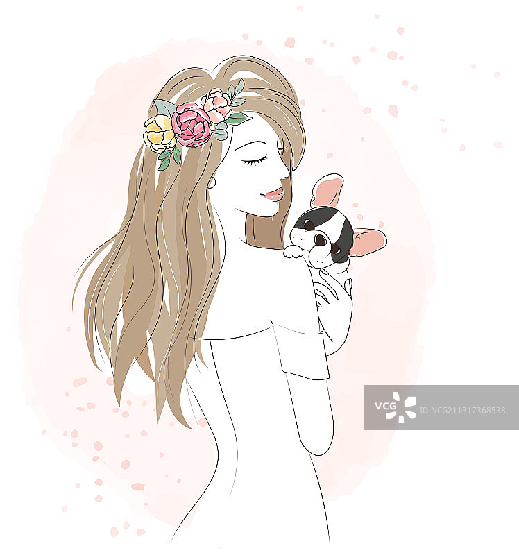 抱着法国斗牛犬幼犬的美丽女人图片素材