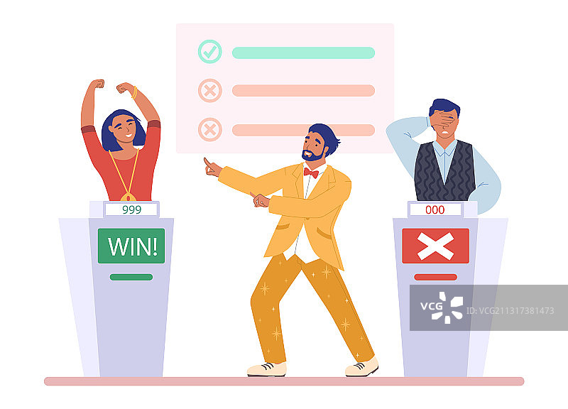 电视竞猜节目主持人与两位参赛者图片素材