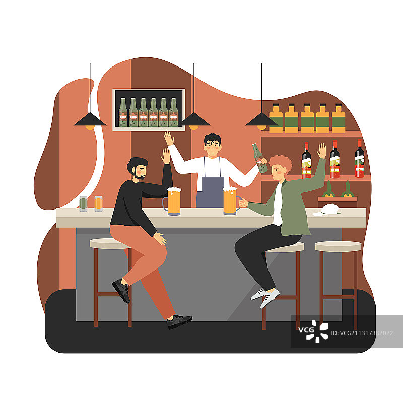 两名年轻男人坐在吧台旁饮酒图片素材