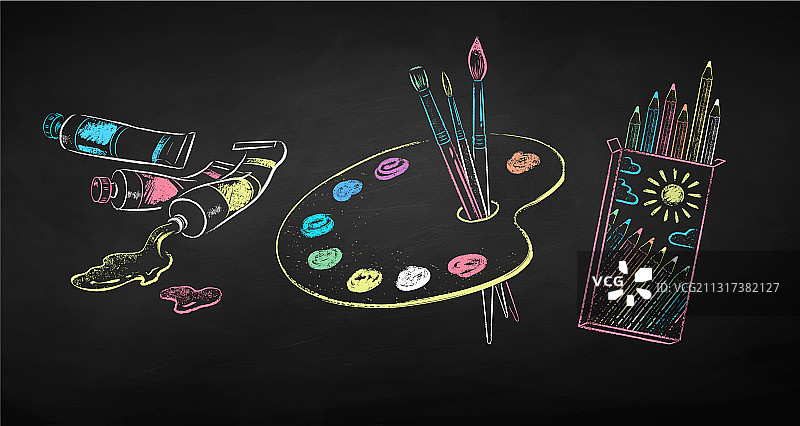粉笔绘制的艺术家用品图片素材