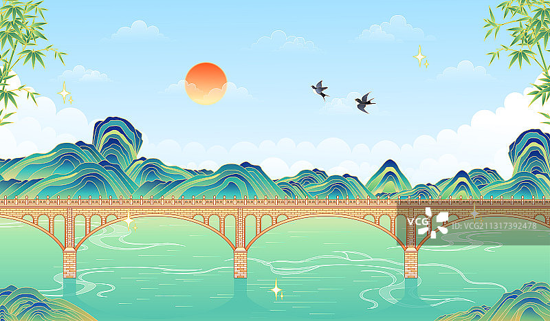 陕西延安的桥上风景矢量插画图片素材