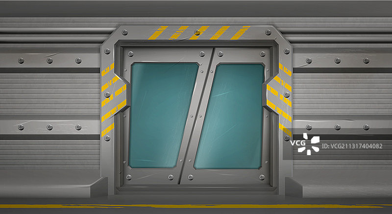宇宙飞船走廊中的金属滑动门图片素材