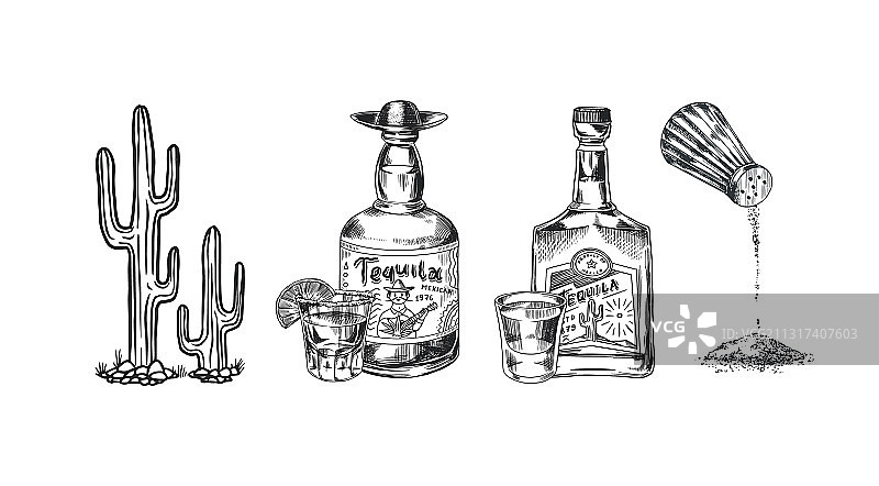 龙舌兰酒、玻璃瓶、盐和仙人掌图片素材