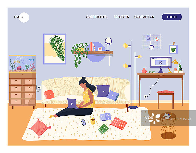 女人舒适地坐在地板上使用笔记本电脑图片素材