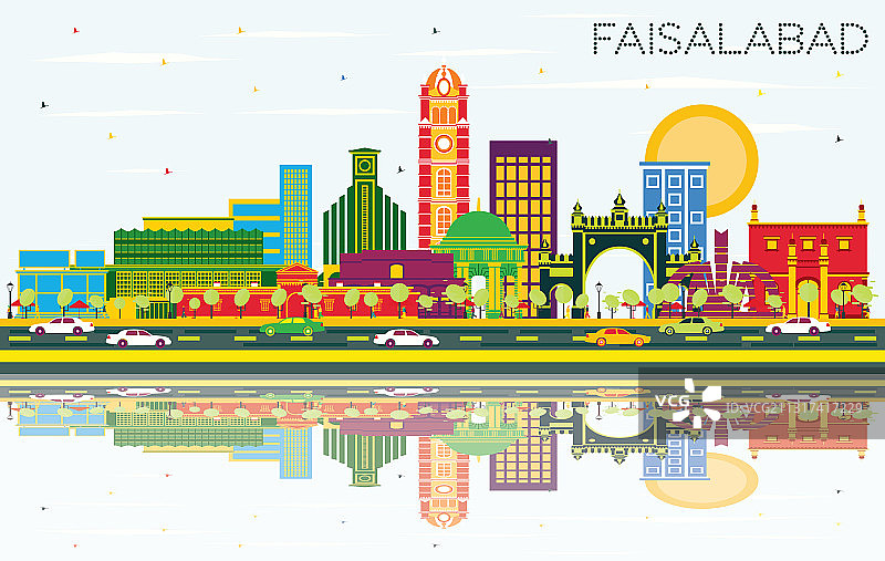 带颜色的巴基斯坦费萨拉巴德市天际线图片素材