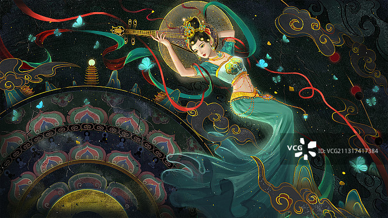 敦煌舞姬弹琵琶古风手绘插画图片素材