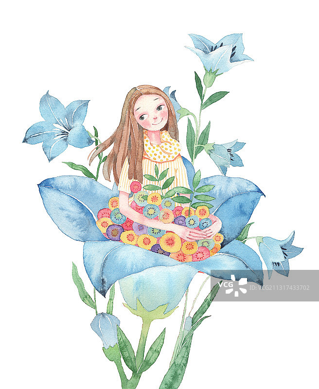 水彩插画-唯美女孩-小镇桔梗花上的女孩图片素材