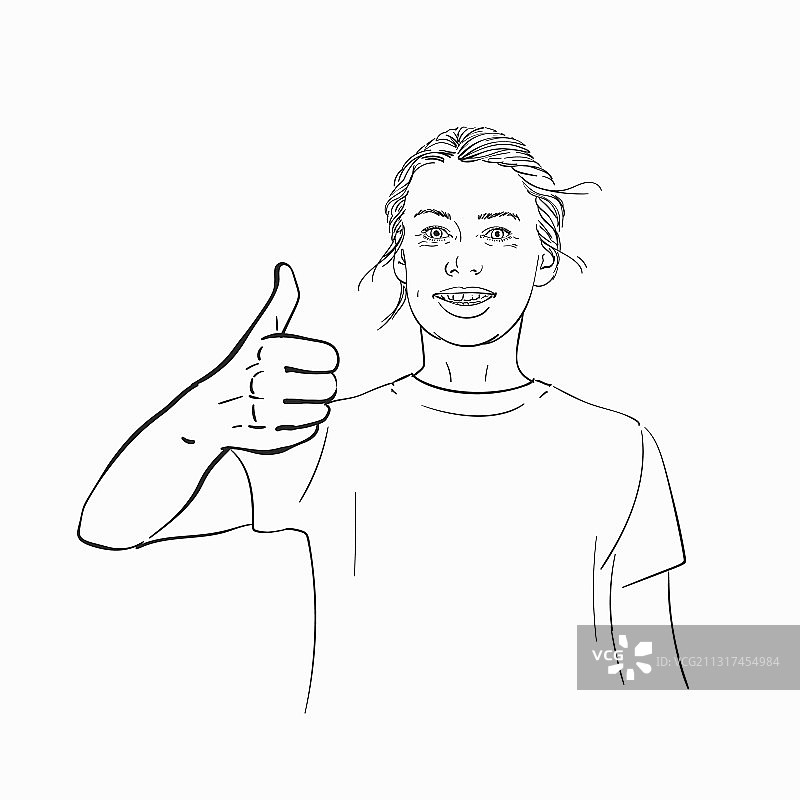 微笑的女人点赞手势素描图片素材