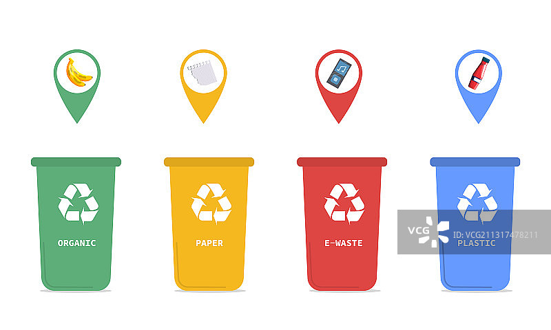 四个带编码的家庭垃圾回收箱图片素材