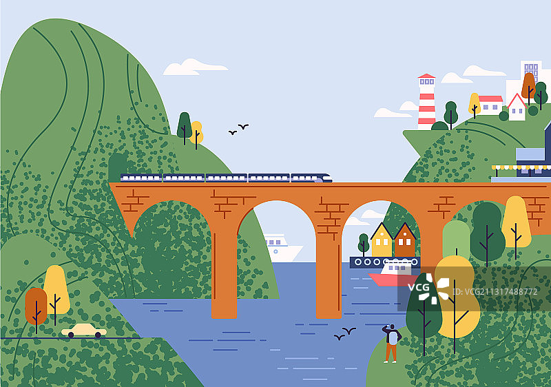 美丽的铁路桥和行驶的火车图片素材