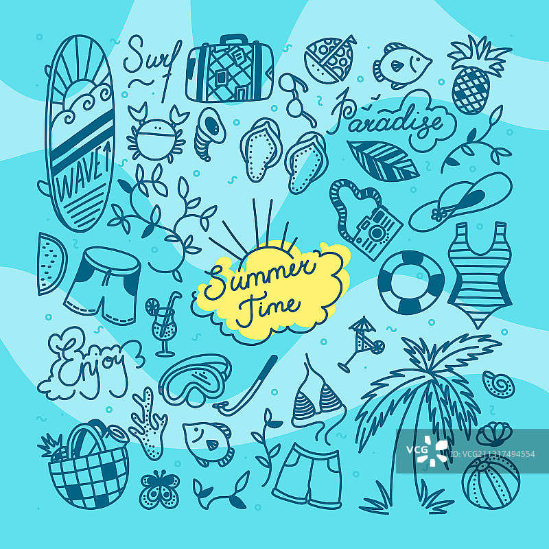 夏季涂鸦套装：水上运动图片素材