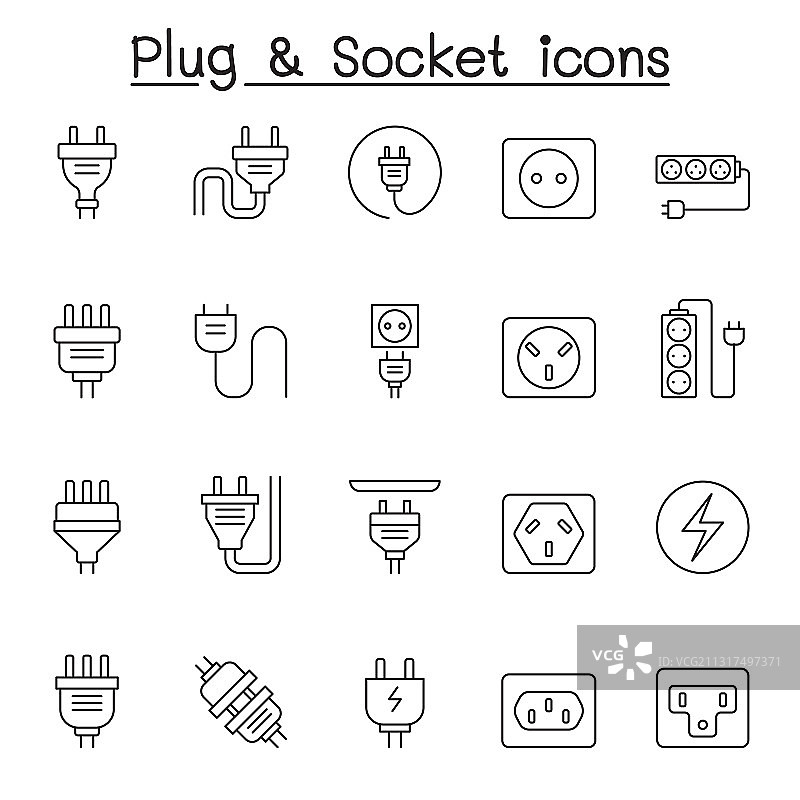 包含插头相关线条图标的集合图片素材