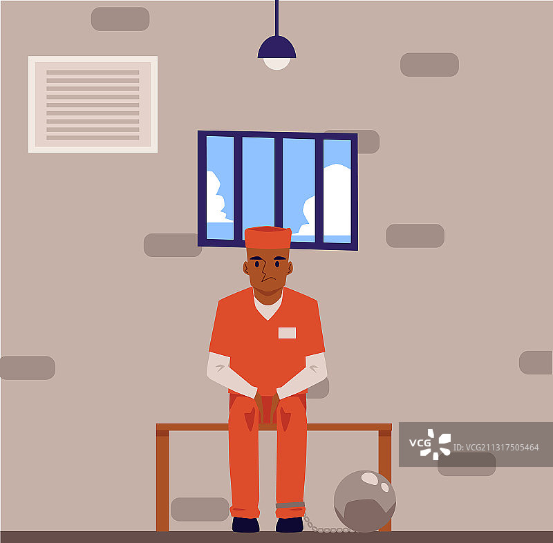 监狱牢房中戴着腿部镣铐的囚犯图片素材