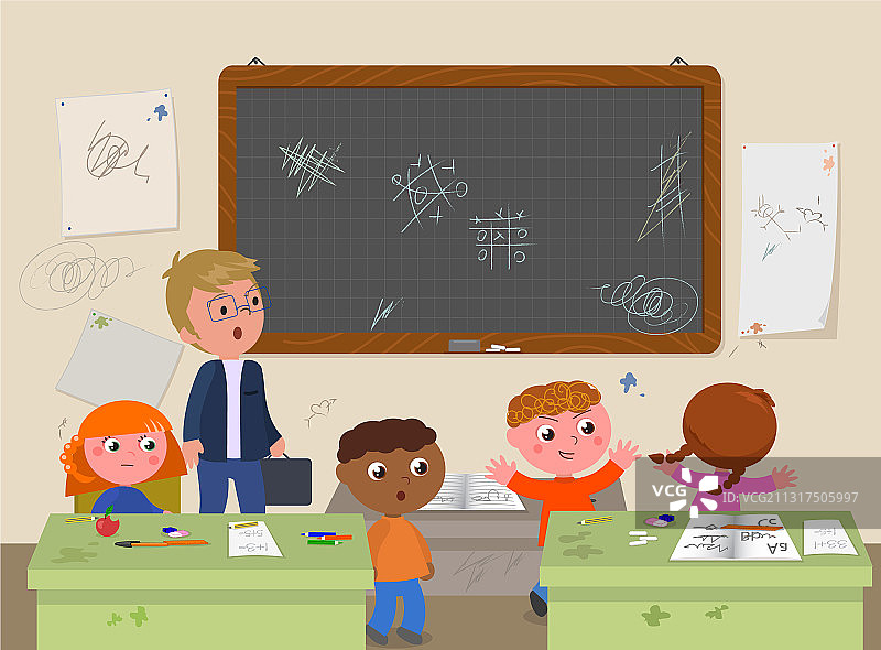 有老师和淘气学生的脏学校教室图片素材