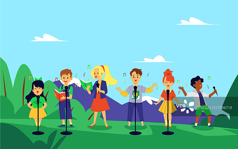 儿童合唱团在自然中歌唱卡通图片素材