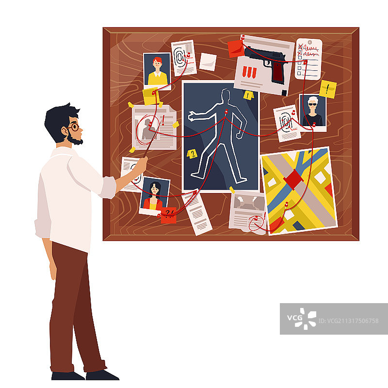 卡通侦探男人查看犯罪现场板图片素材