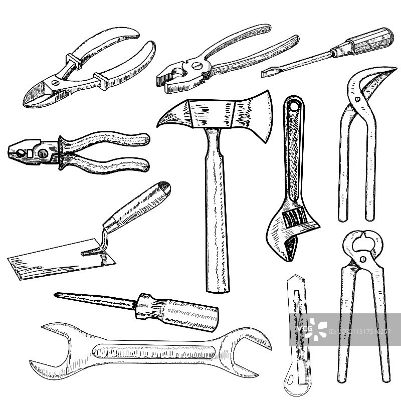 建筑工具素描合集图片素材