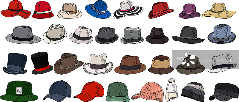 白色背景上的男女帽子套装图片素材