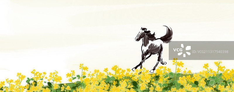 全景风景画水彩骏马图片素材