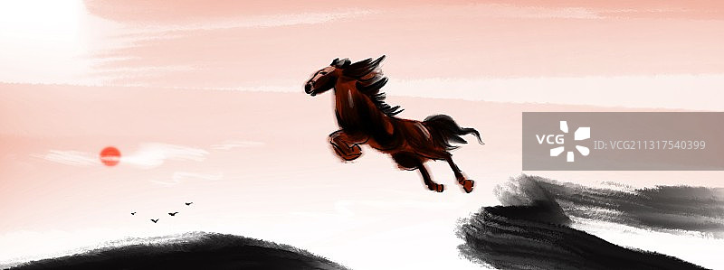 全景风景画水彩骏马图片素材