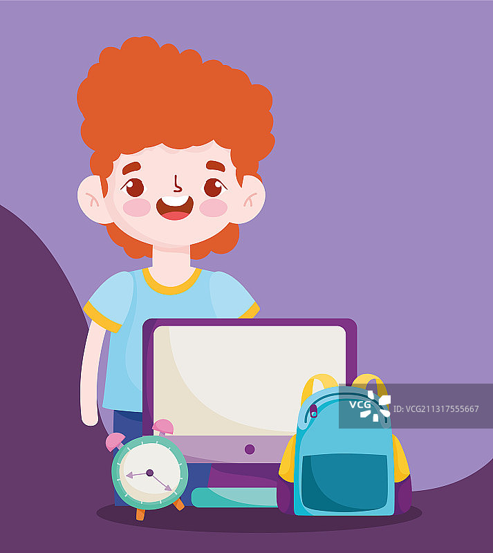 返校季学生男孩 电脑包和时钟图片素材