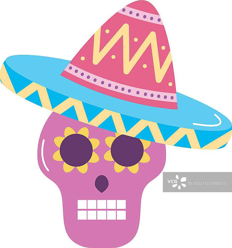 戴帽子的墨西哥糖骷髅扁平风格图标图片素材