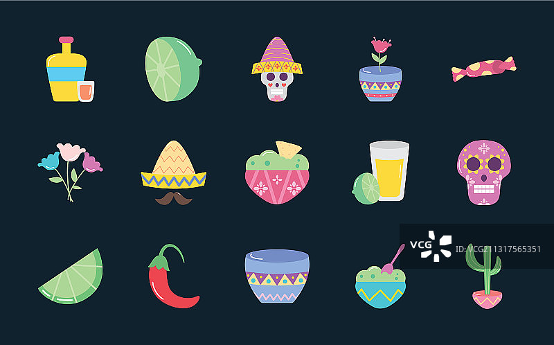 仙人掌和墨西哥文化扁平风格图标图片素材