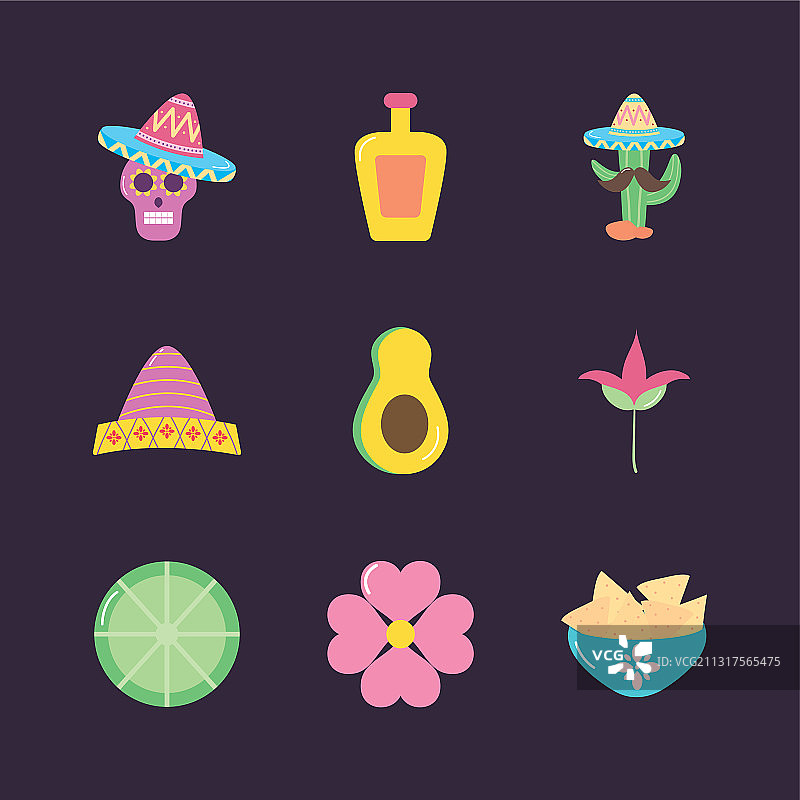 糖骷髅和墨西哥文化扁平风格图标集图片素材
