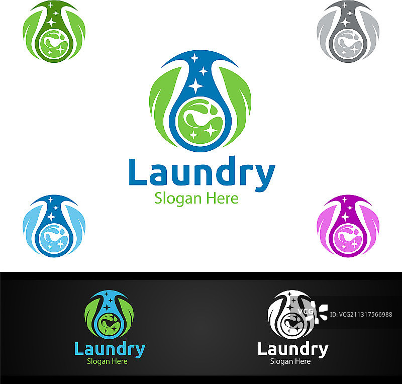 生态洗衣店logo，含衣物和水元素图片素材