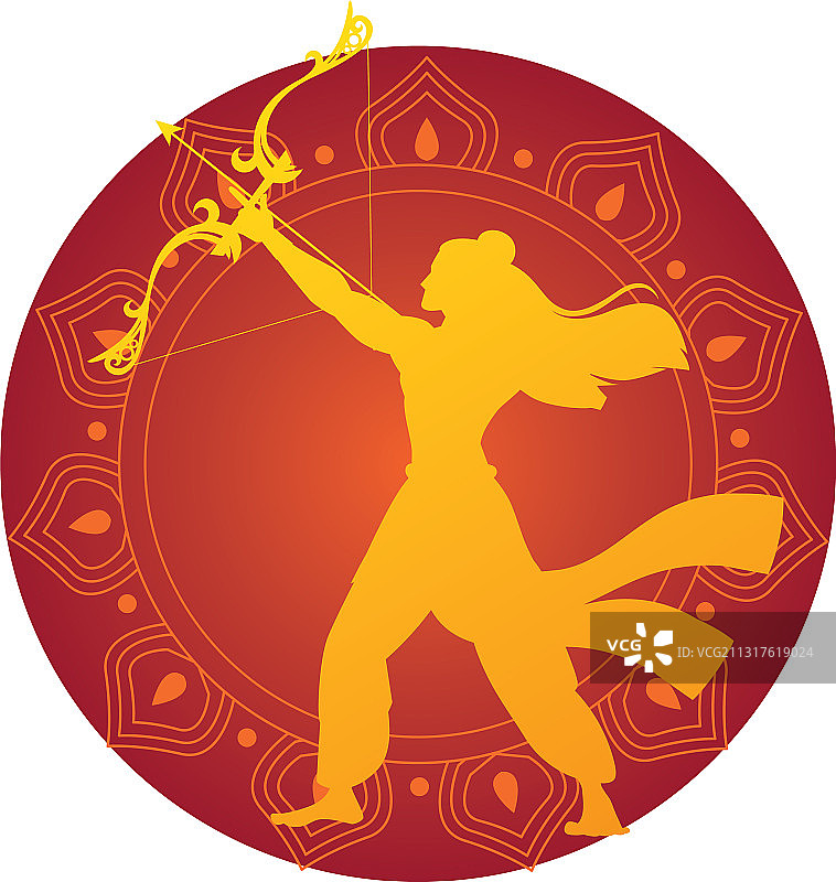 手持弓箭的罗摩衍那剪影（红色金色）图片素材