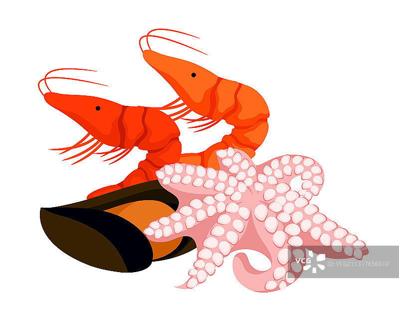 扁平风小龙虾贻贝图片素材