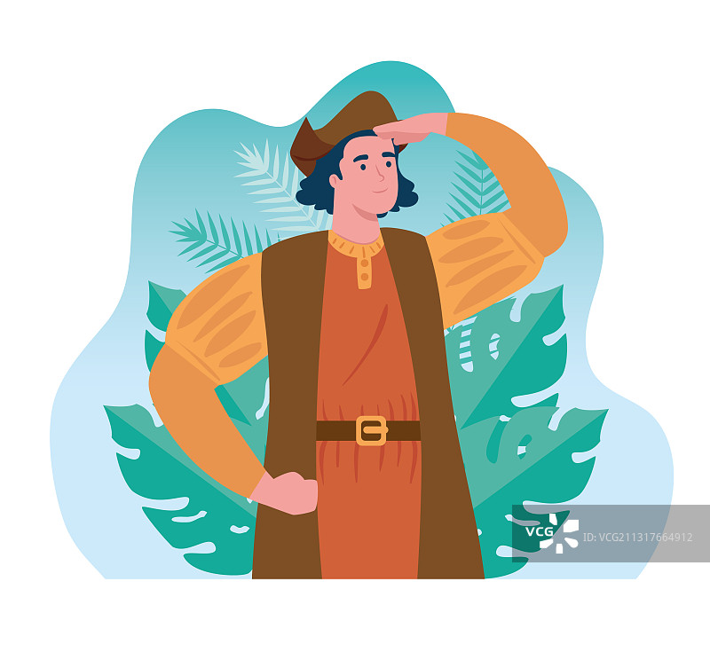 克里斯托弗·哥伦布在热带场景中观察图片素材