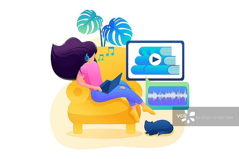 女孩在线自学扁平2D设计图片素材