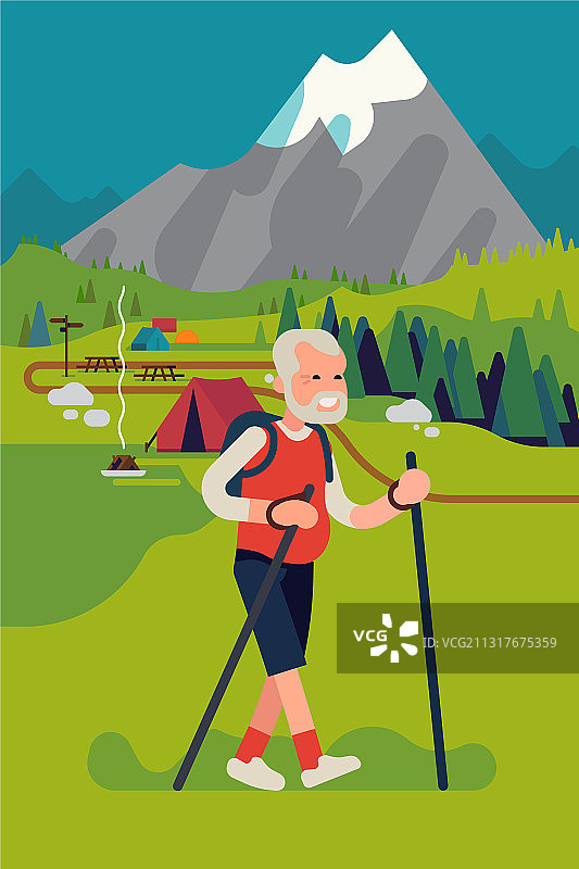 扁平风格的快乐老人徒步图片素材
