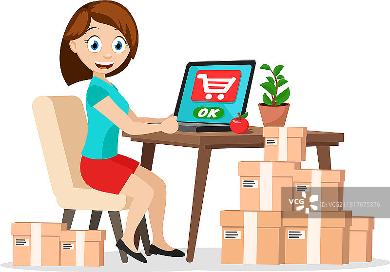 女孩坐在桌旁用笔记本电脑点餐图片素材