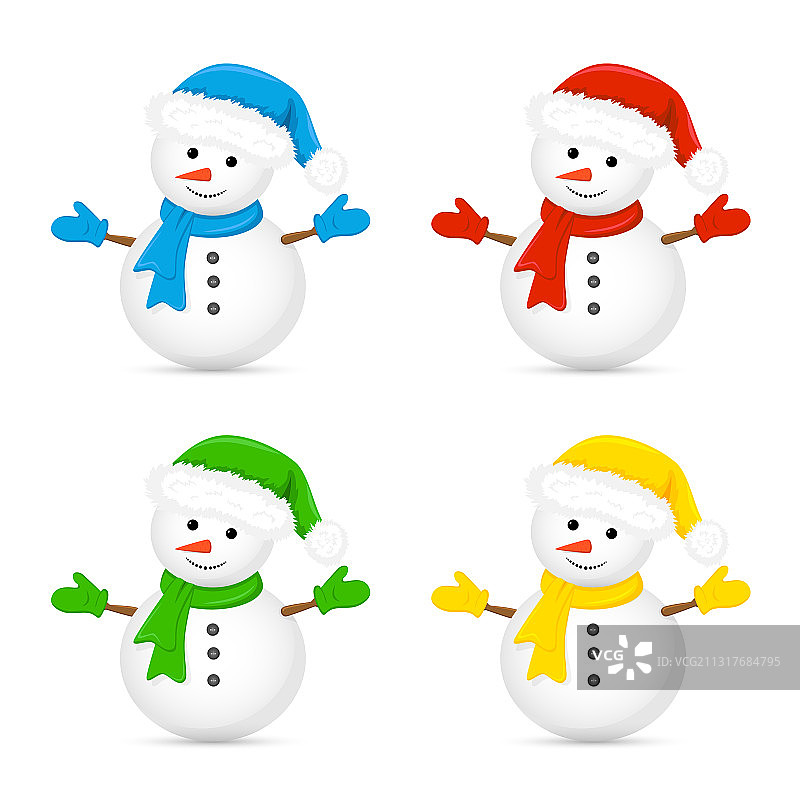 戴着彩色帽子和围巾的雪人图片素材