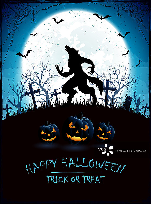 蓝色万圣节背景与月亮和狼人图片素材