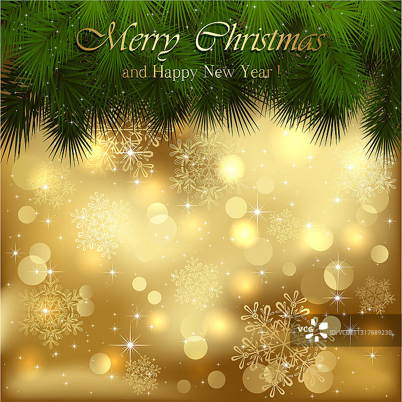 金色圣诞节背景与云杉树枝图片素材