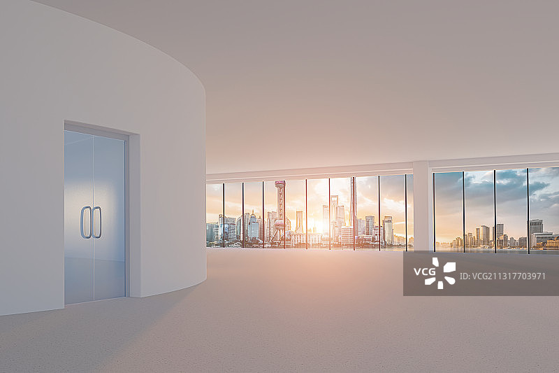 空旷的写字楼室内空间与上海浦东的早晨图片素材