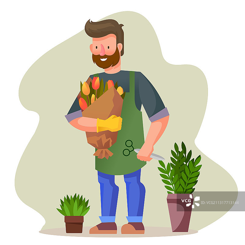 卡通彩色人物花店里的男人图片素材