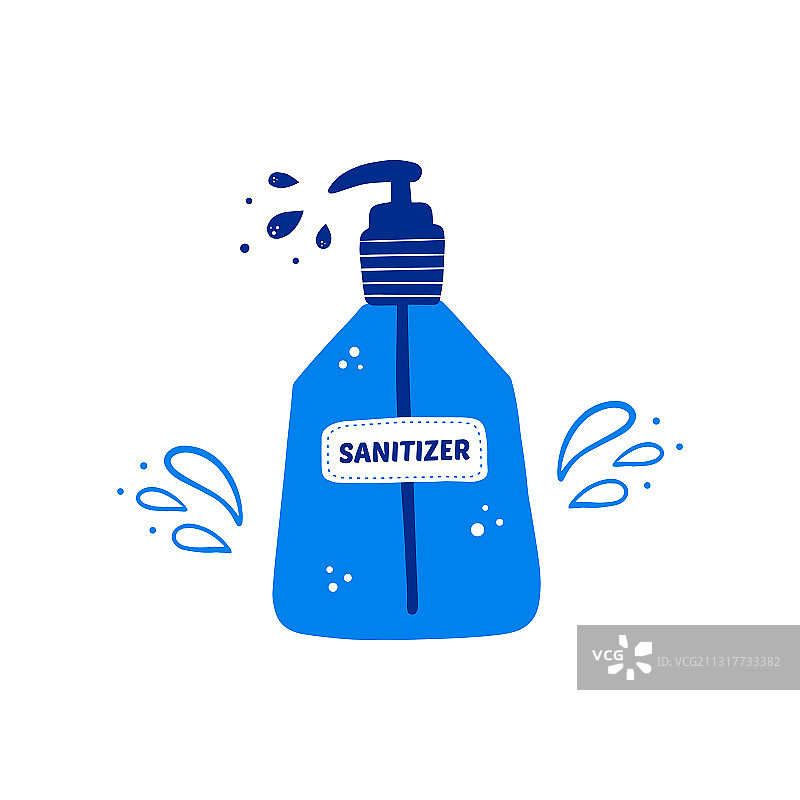 带按压泵和水滴的瓶装消毒液图片素材