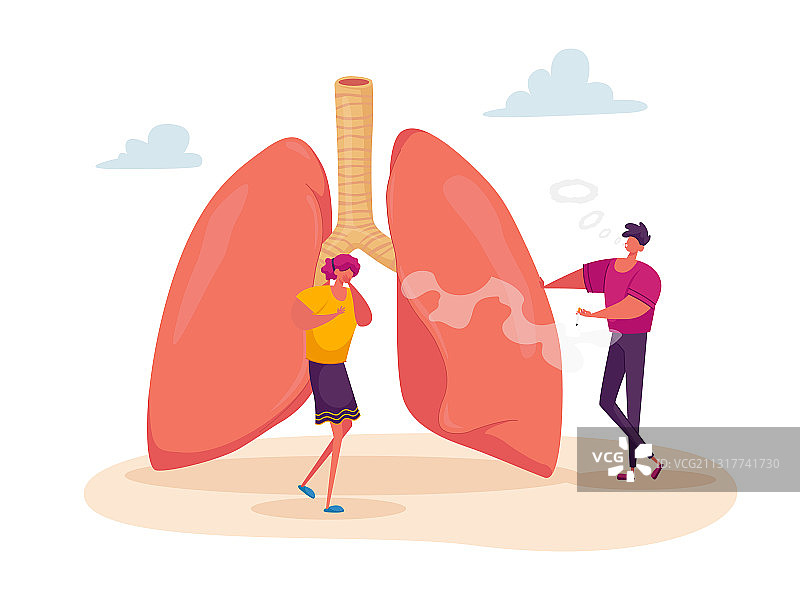 在巨大肺部附近咳嗽的女性角色图片素材