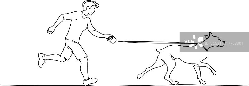 男人和狗跑步的连续单线艺术图片素材
