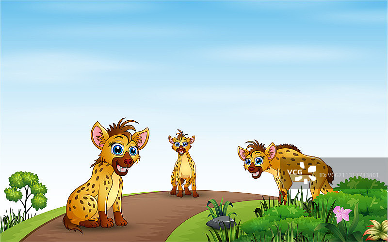 三只卡通鬣狗在自然环境中玩耍图片素材